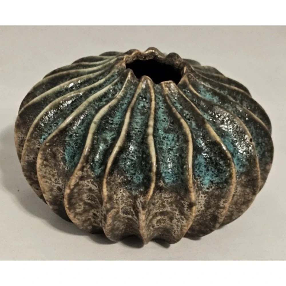 Fractal Volcanic Glaze Vase Blue Brown 2 Small Chips 3.5